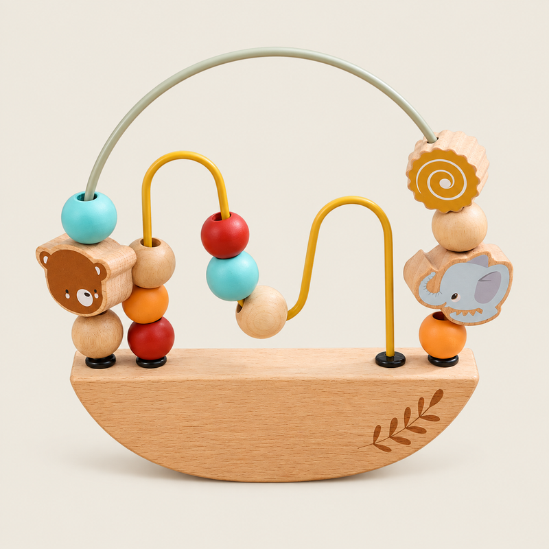 Wooden Animal Bead Maze & Stringing Toy on warm neutral background