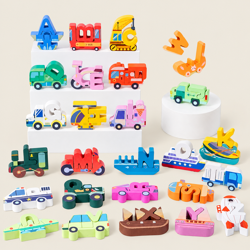Wooden 3D Puzzle Building Set – Animals, Dinosaurs & Vehicles on warm neutral background