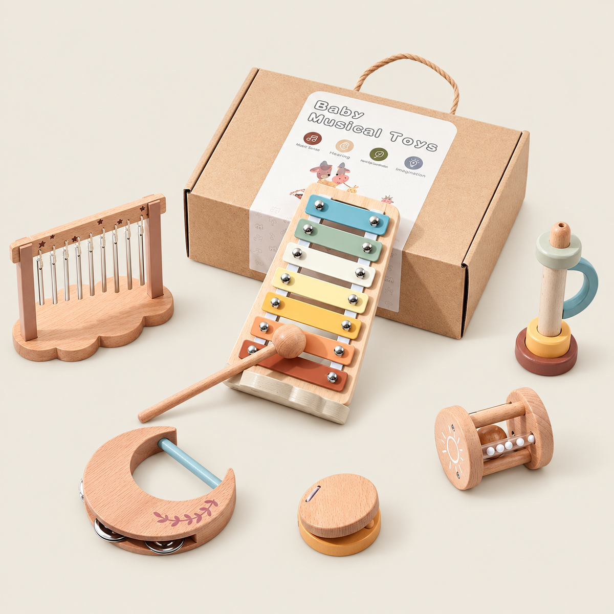 Wooden 6-Piece Musical Instrument Set for Kids on warm neutral background