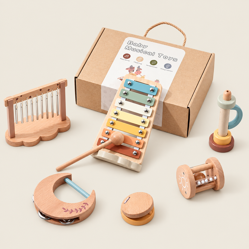 Wooden 6-Piece Musical Instrument Set for Kids on warm neutral background