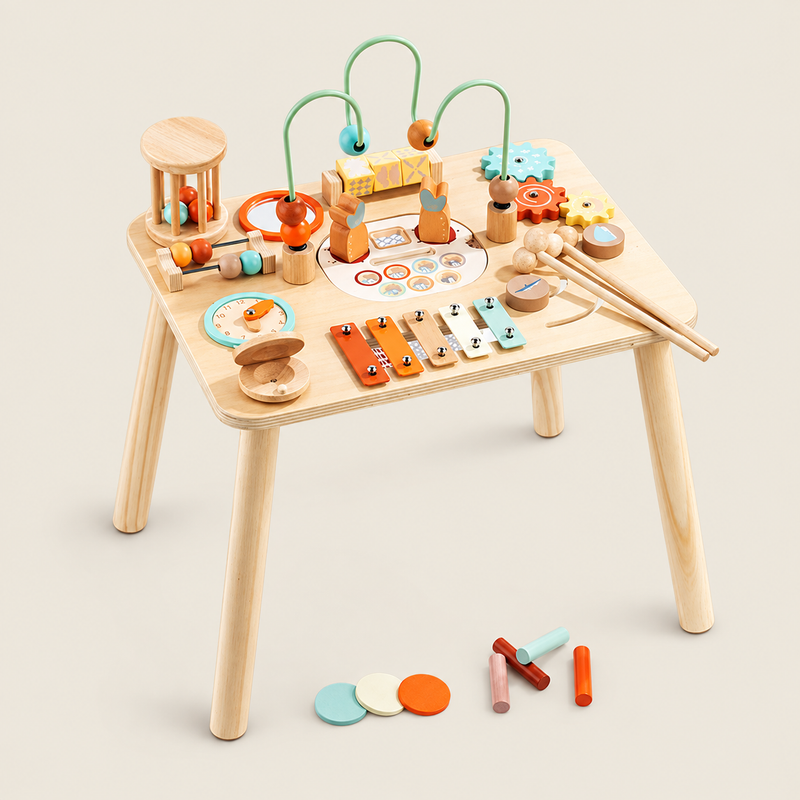 Wooden Multi-Activity Busy Table on warm neutral background