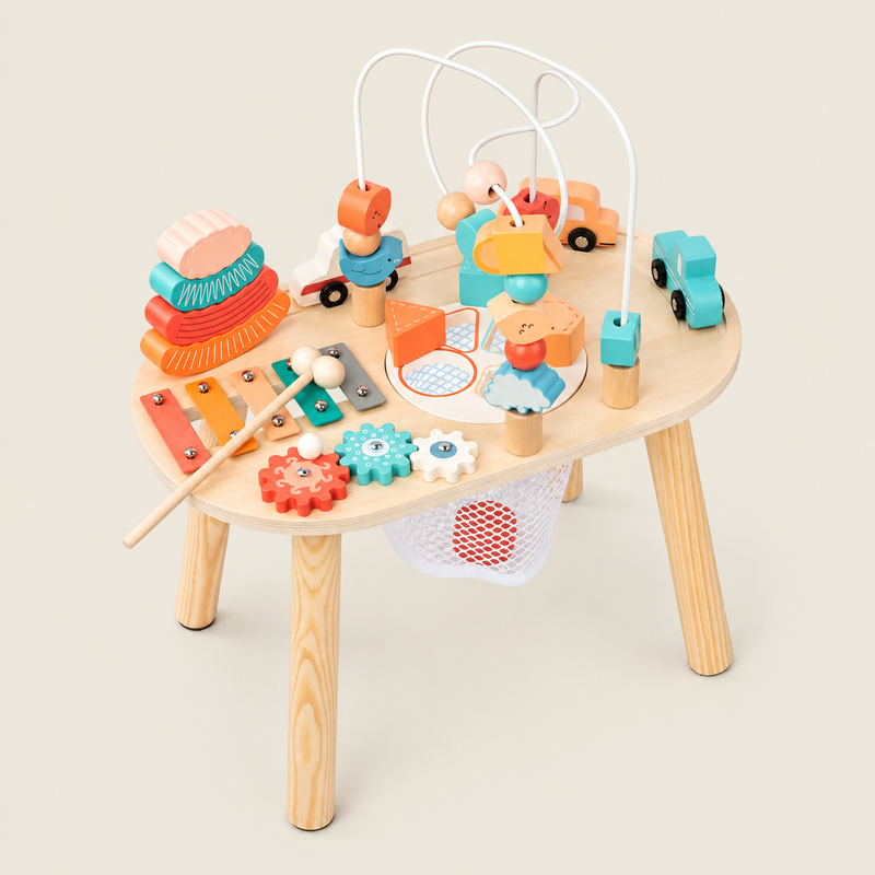 Wooden Activity Table – Multi-Activity Play Center on warm neutral background