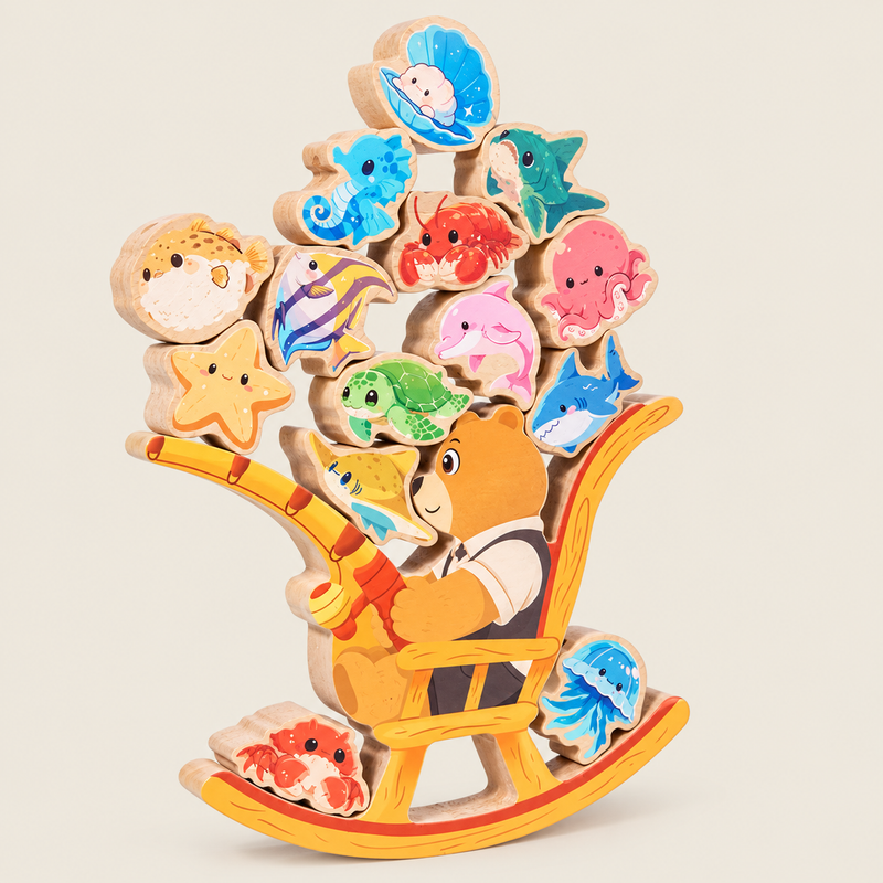 Wooden Animal Balance Stacking Game on warm neutral background