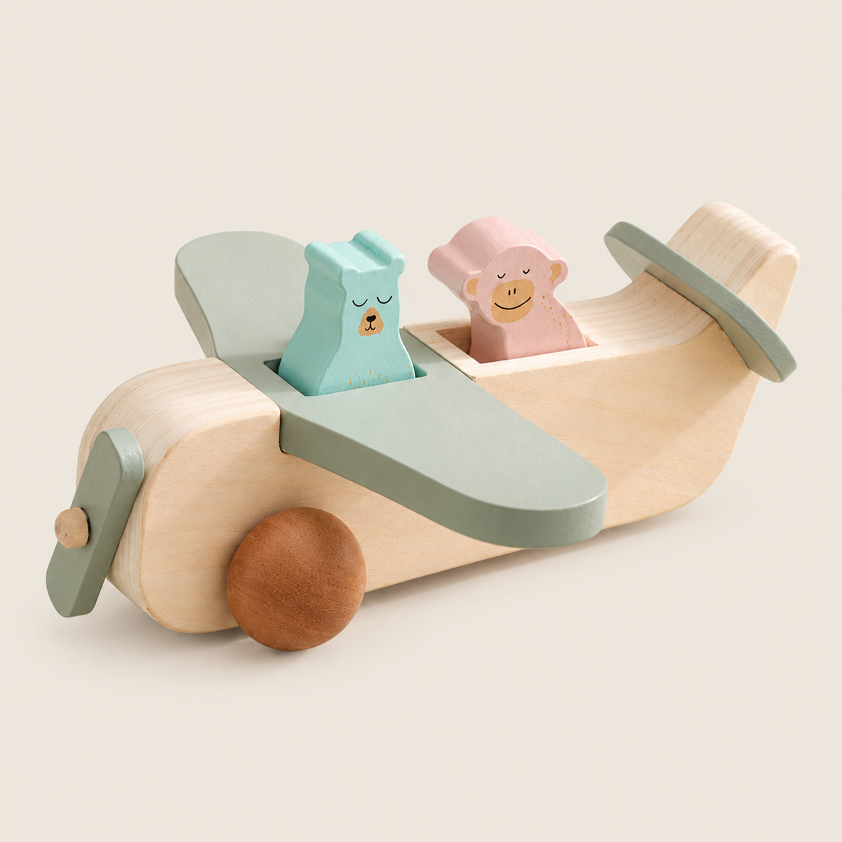 Wooden Animal Passenger Airplane on warm neutral background