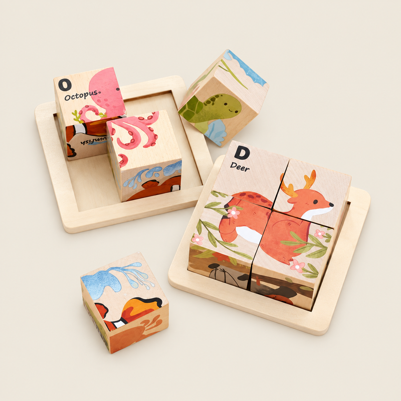 Wooden Animal Picture Cube Puzzle on warm neutral background