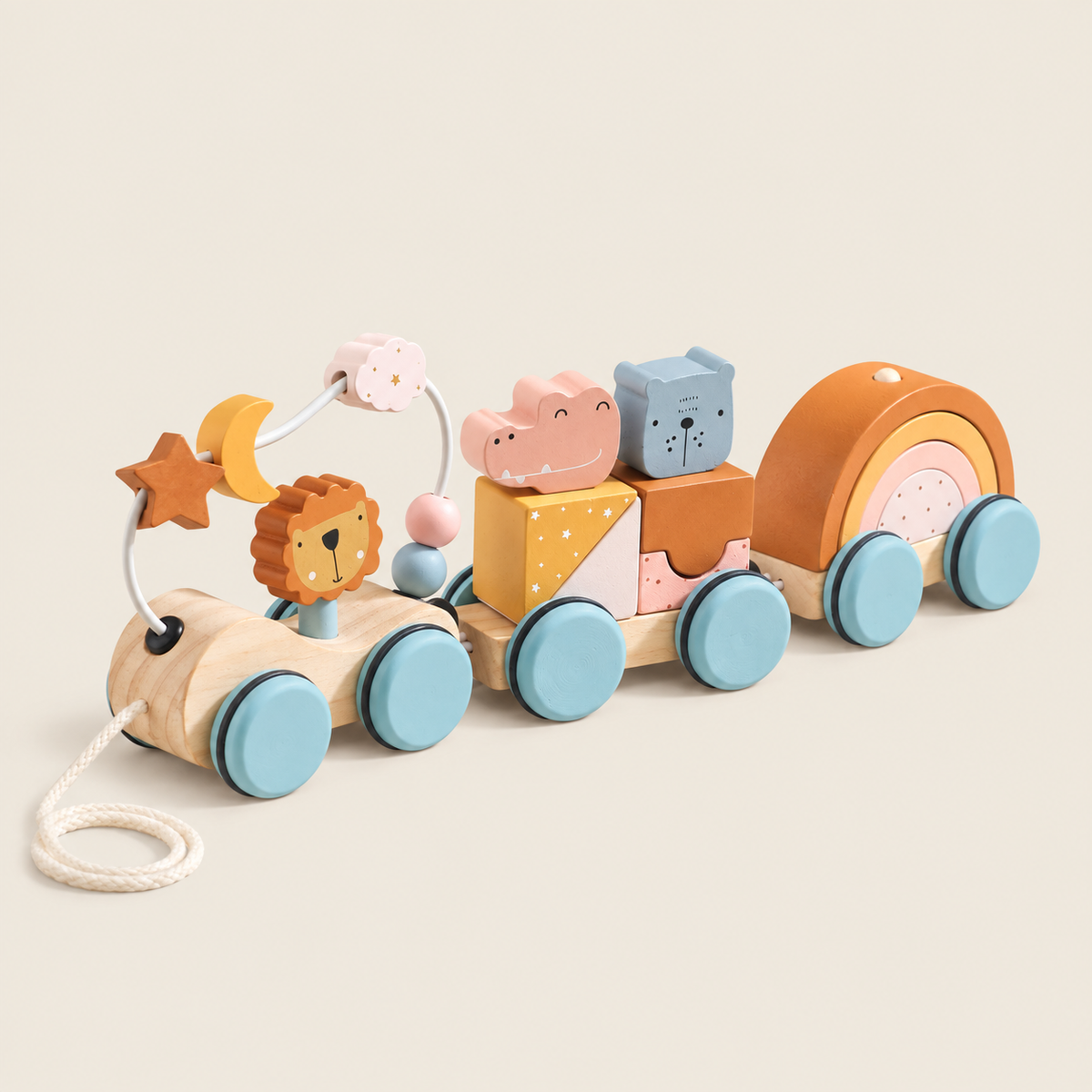 Wooden Animal Pull-Along Stacking Train on warm neutral background