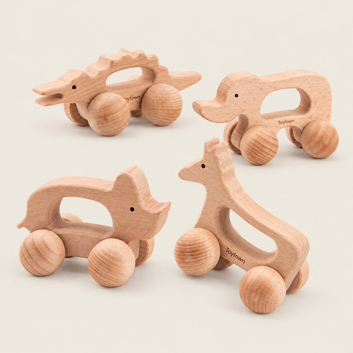 Wooden Animal Push Toy for Kids – Rolling Toy Car on warm neutral background