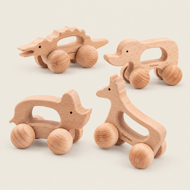 Wooden Animal Push Toy for Kids – Rolling Toy Car on warm neutral background