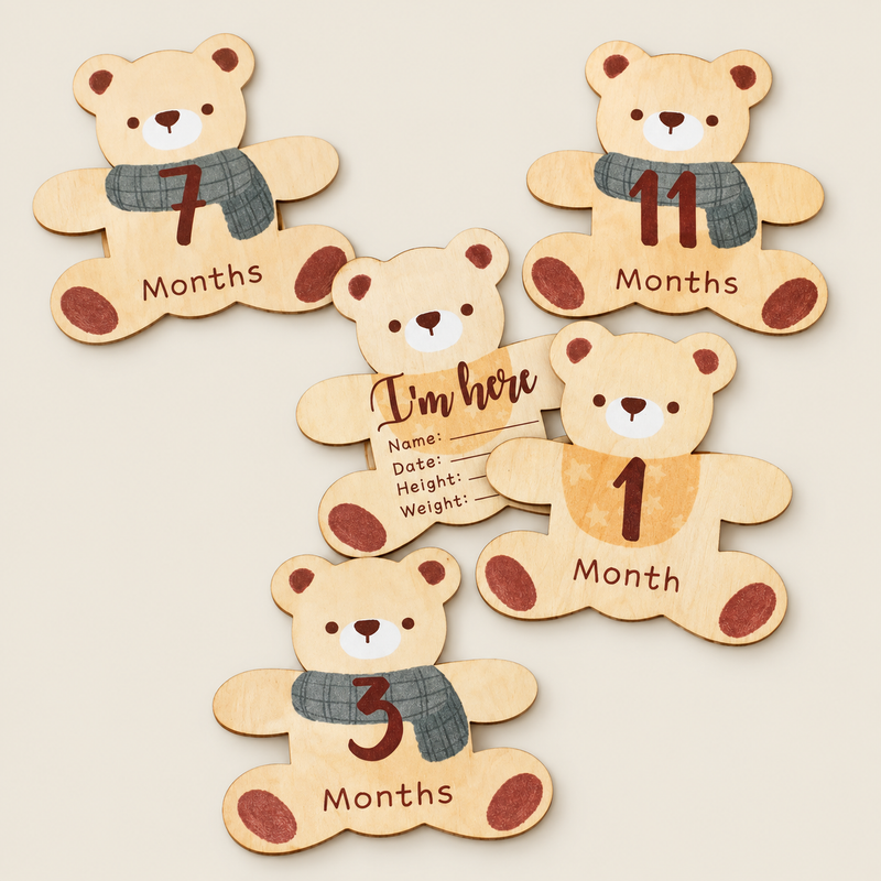 Wooden Baby Photo Prop Monthly Display Piece on warm neutral background