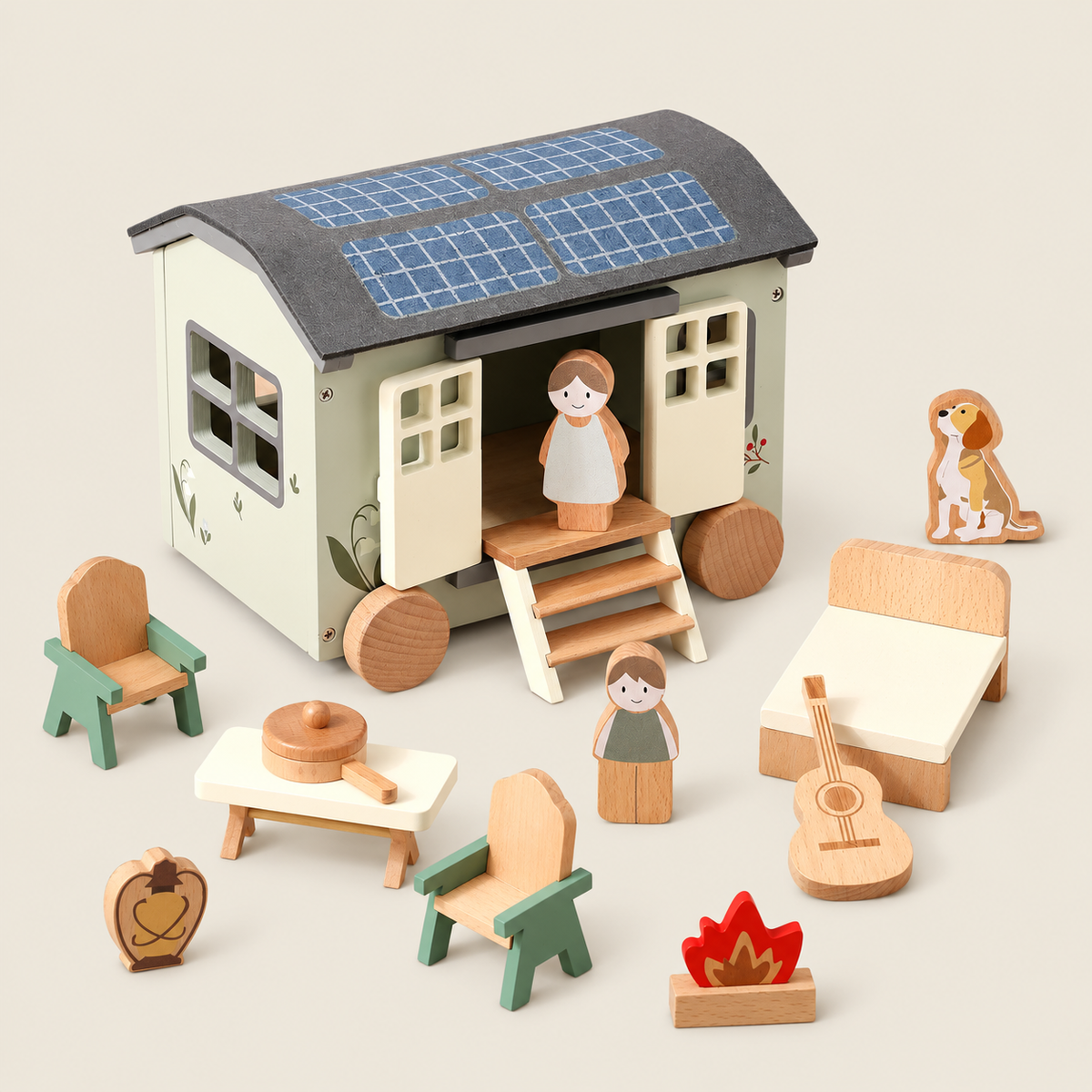 Wooden Camper Van Dollhouse Play Set on warm neutral background