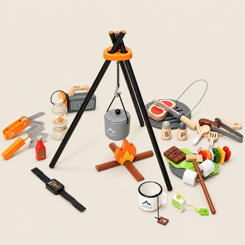 Wooden Camping & BBQ Pretend Play Set on warm neutral background
