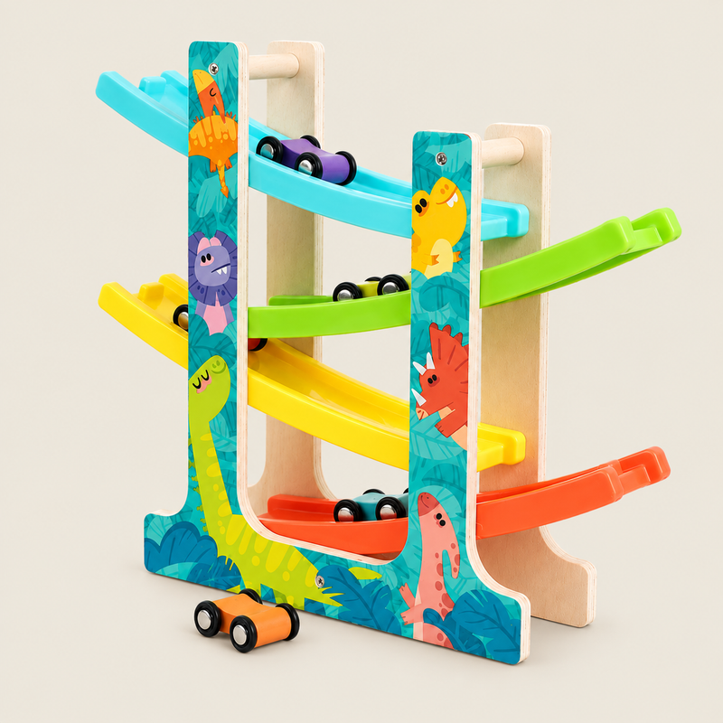 Wooden Car Ramp Racer – Multi-Level Track on warm neutral background