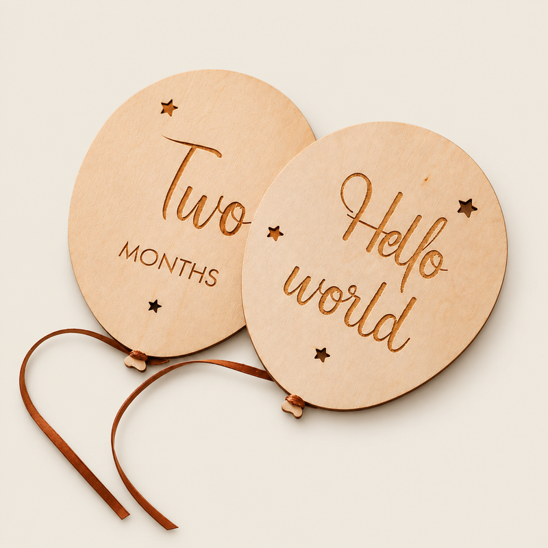 Wooden Commemorative Plaque For Newborn Photography on warm neutral background