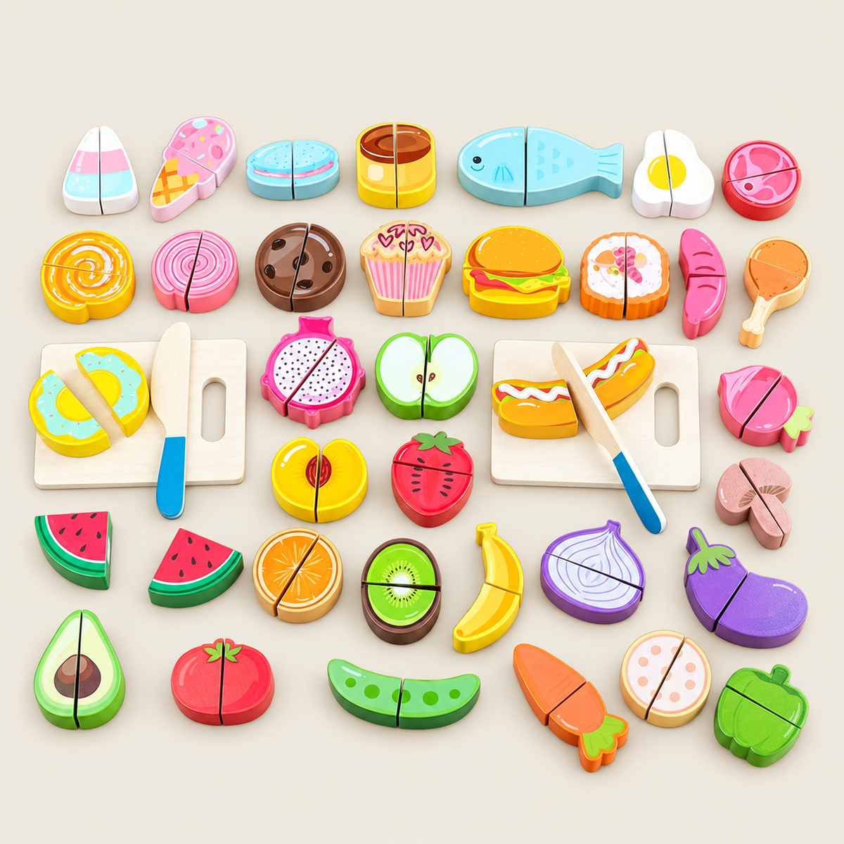 Wooden Cutting Play Food Set for Kids on warm neutral background