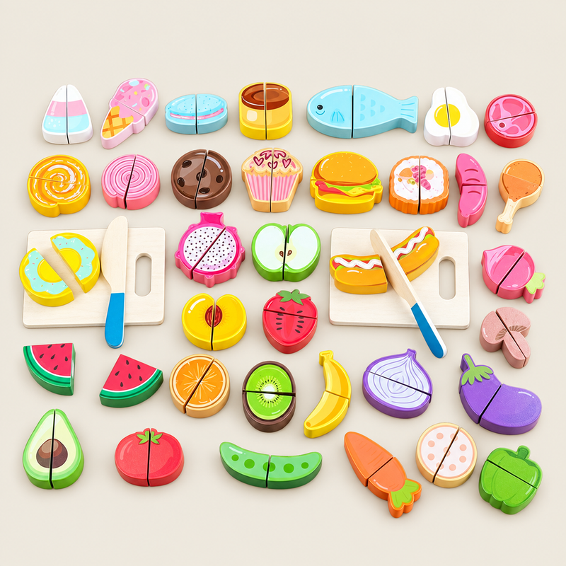 Wooden Cutting Play Food Set for Kids on warm neutral background