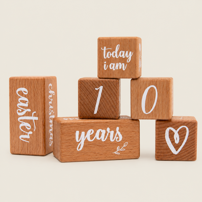 Wooden Digital Full Moon Baby Growth Record Card on warm neutral background
