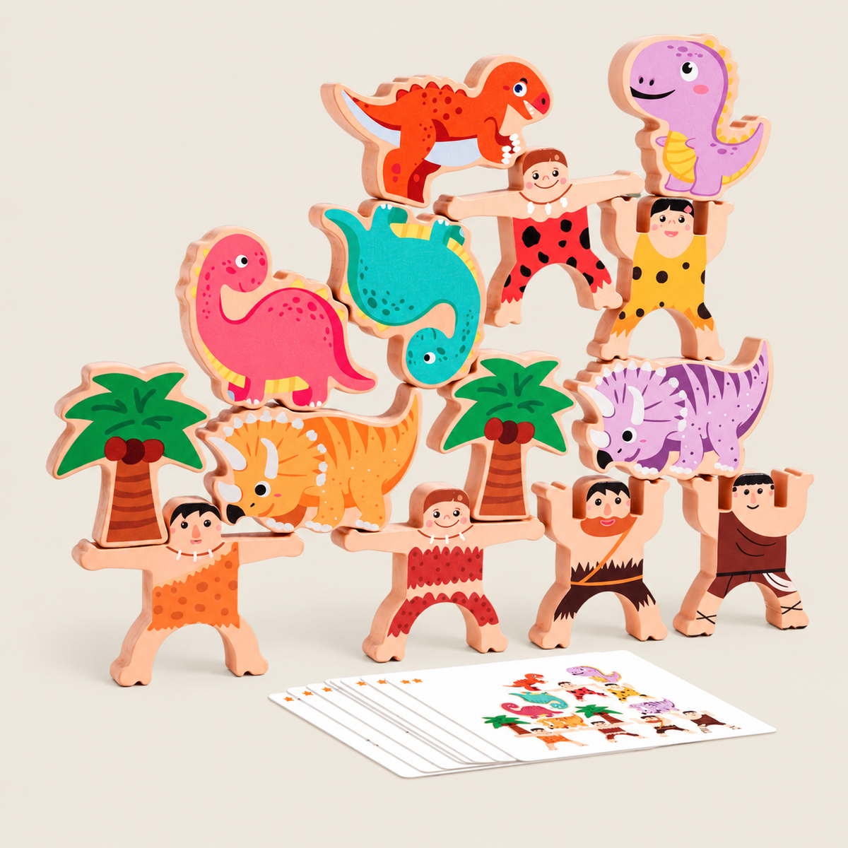 Wooden Dinosaur & Primitive Man Balance Block Stacking Toy on warm neutral background