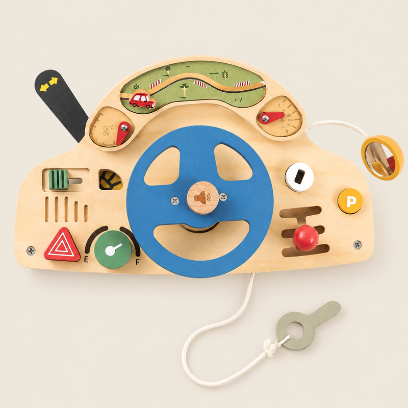 Wooden Driving Activity Board with Play Mat on warm neutral background