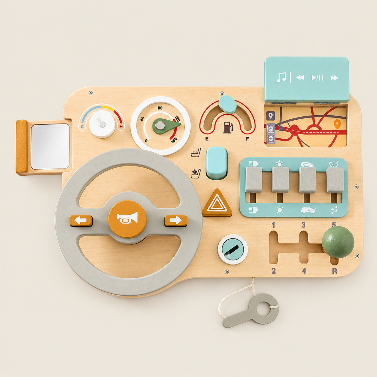 Wooden Driving Activity Busy Board on warm neutral background