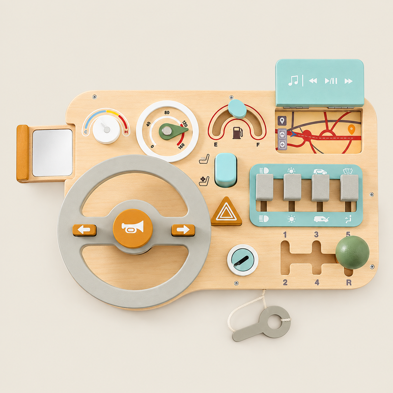 Wooden Driving Activity Busy Board on warm neutral background