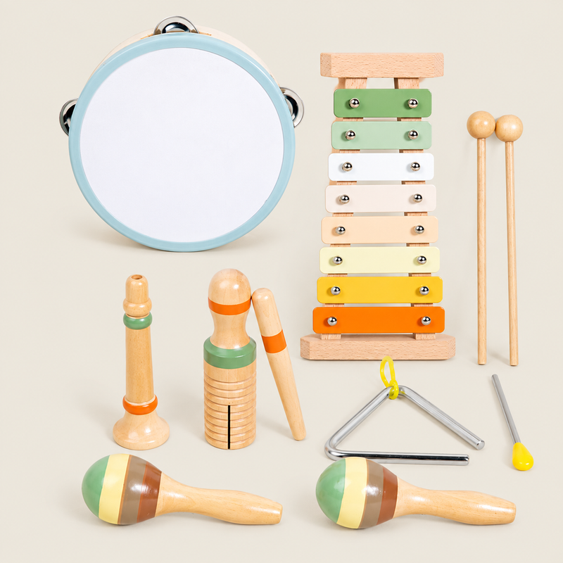 Wooden Educational Percussion Music Set For Toddlers on warm neutral background