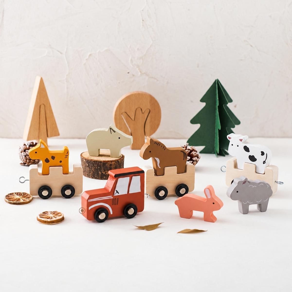 Wooden farm animal train with animal figures in a styled scene, without text overlays