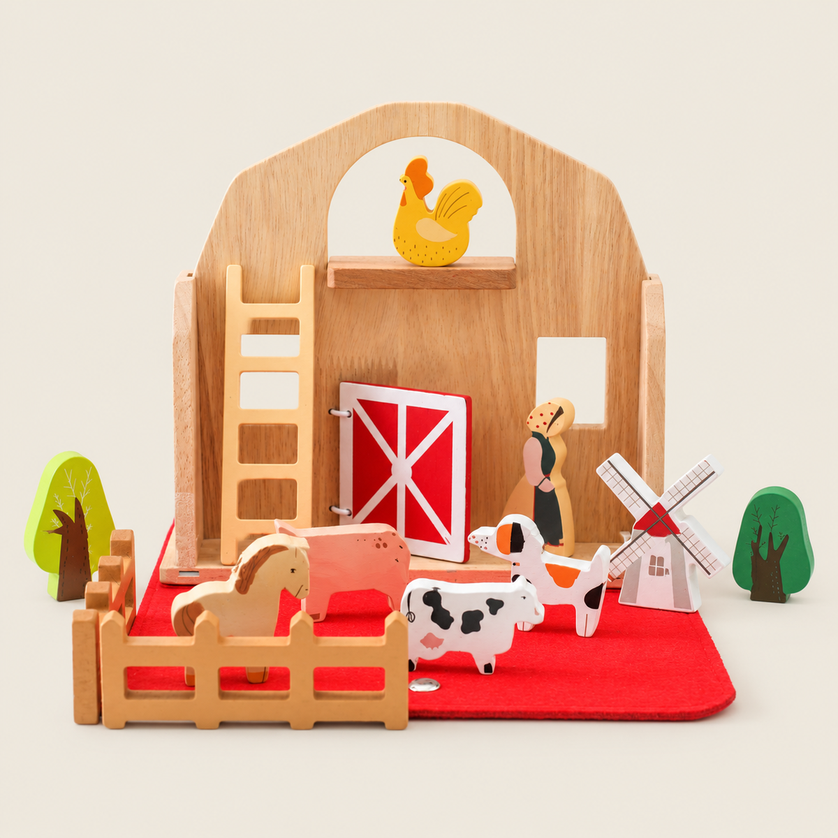 Wooden Farm Barn Playset with Animals and Tractor on warm neutral background