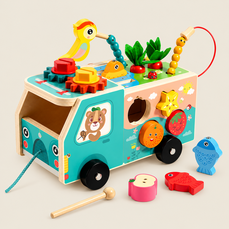 Wooden Farm Truck Activity Cube with Shape Sorter on warm neutral background