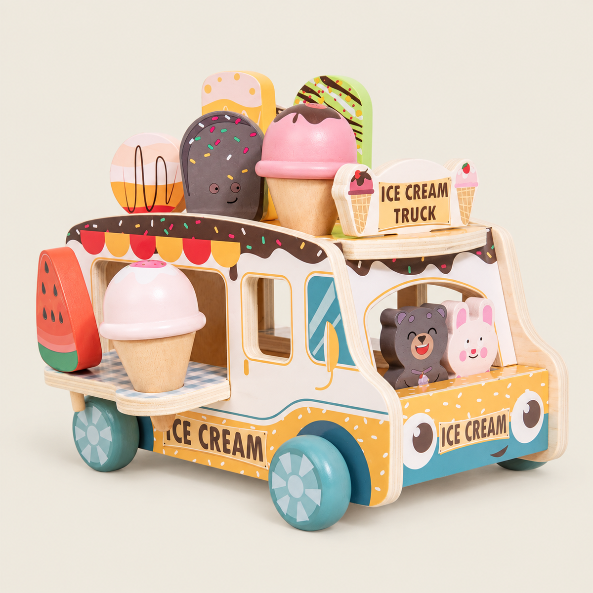 Wooden Ice Cream & Dessert Pretend Play Set on warm neutral background