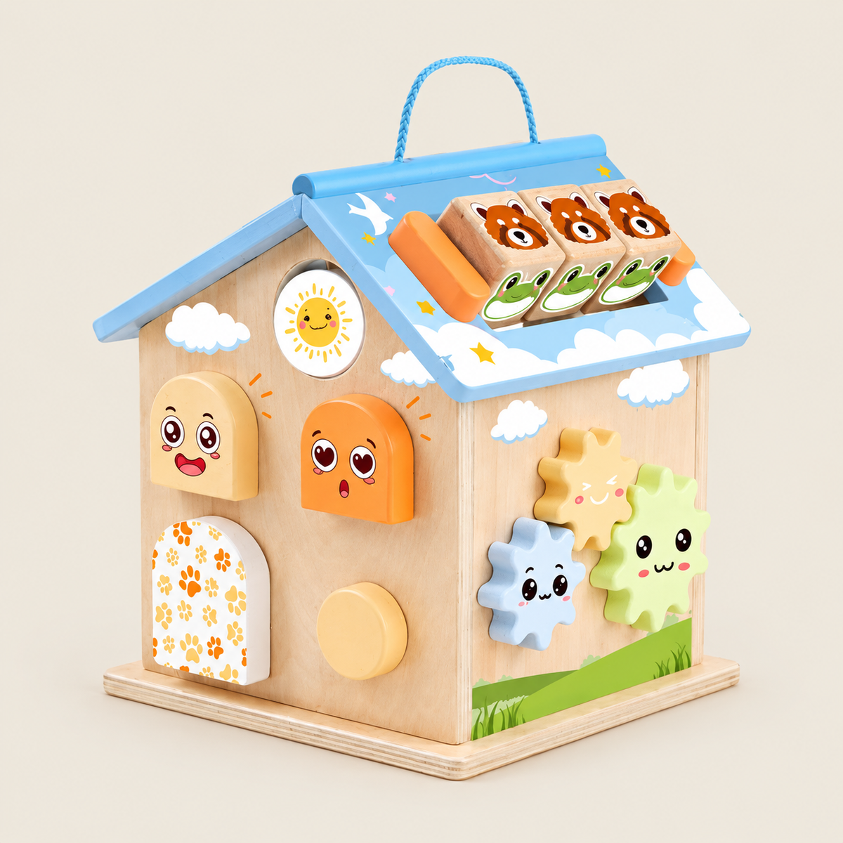 Wooden Multi-Activity Learning Playhouse on warm neutral background