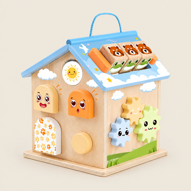 Wooden Multi-Activity Learning Playhouse on warm neutral background