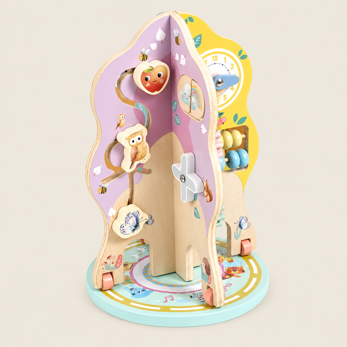 Wooden Multi-Activity Learning Tree/Chest on warm neutral background