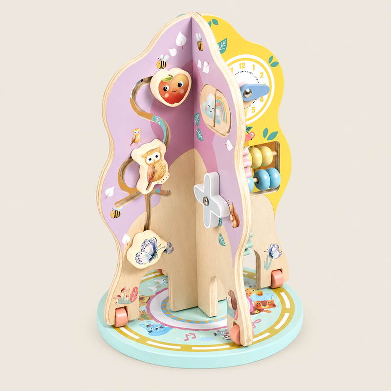 Wooden Multi-Activity Learning Tree/Chest on warm neutral background