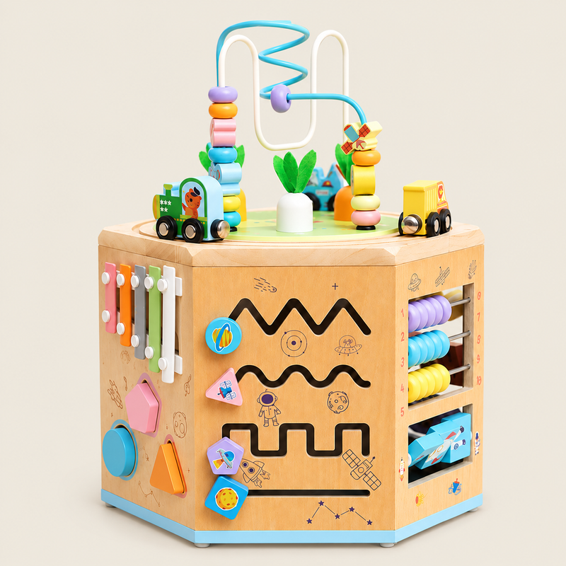 Wooden Multi-functional Bead Bead Maze & Activity Treasure Box on warm neutral background