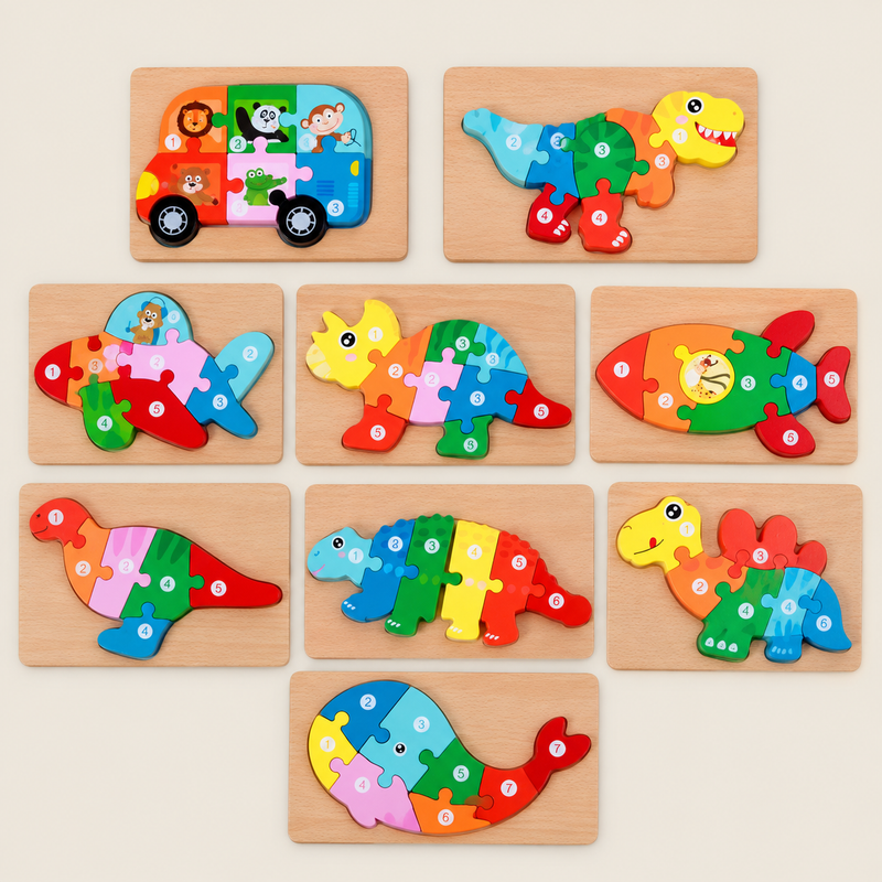Wooden Number Sequence Puzzle Blocks for Kids on warm neutral background