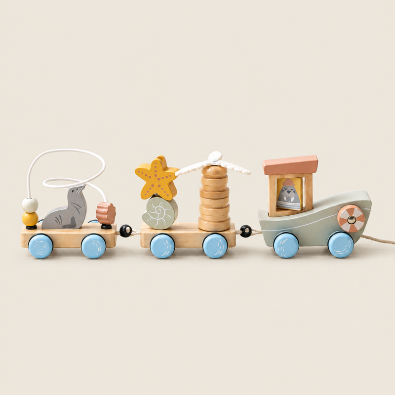 Wooden Ocean Animal Pull-Along Train on warm neutral background
