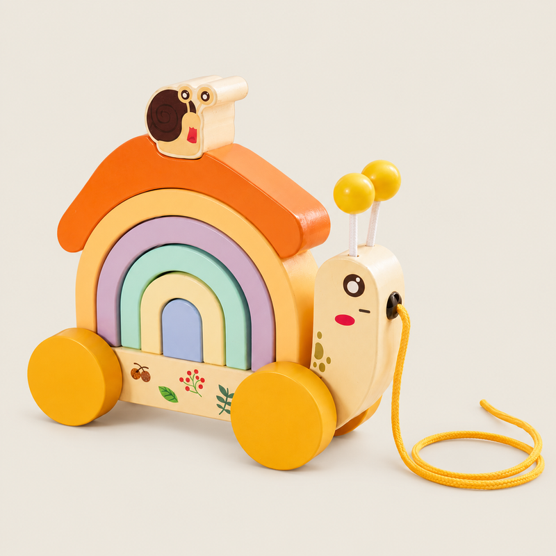 Wooden Pull-Along Snail with Rainbow Stacking Blocks on warm neutral background