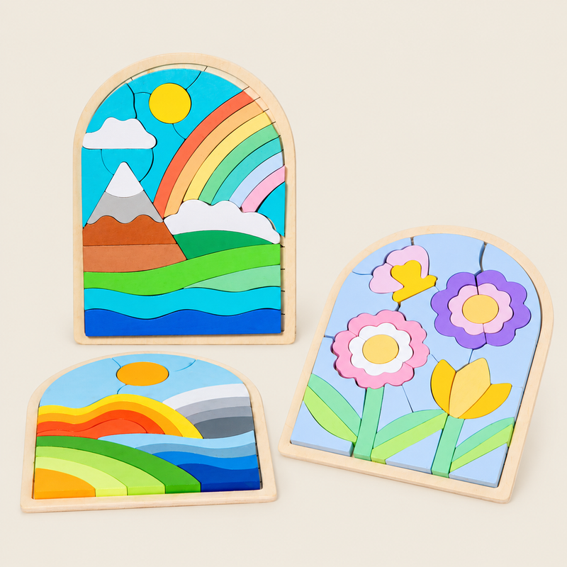Wooden Rainbow Matching Puzzle for Kids on warm neutral background