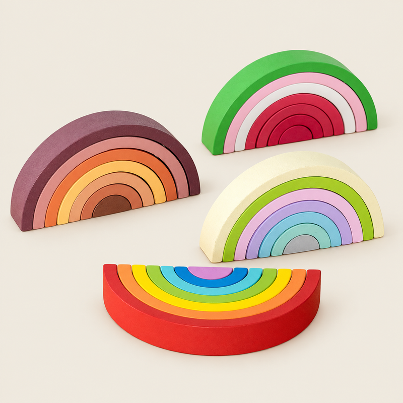 Wooden Rainbow Stacking Blocks on warm neutral background