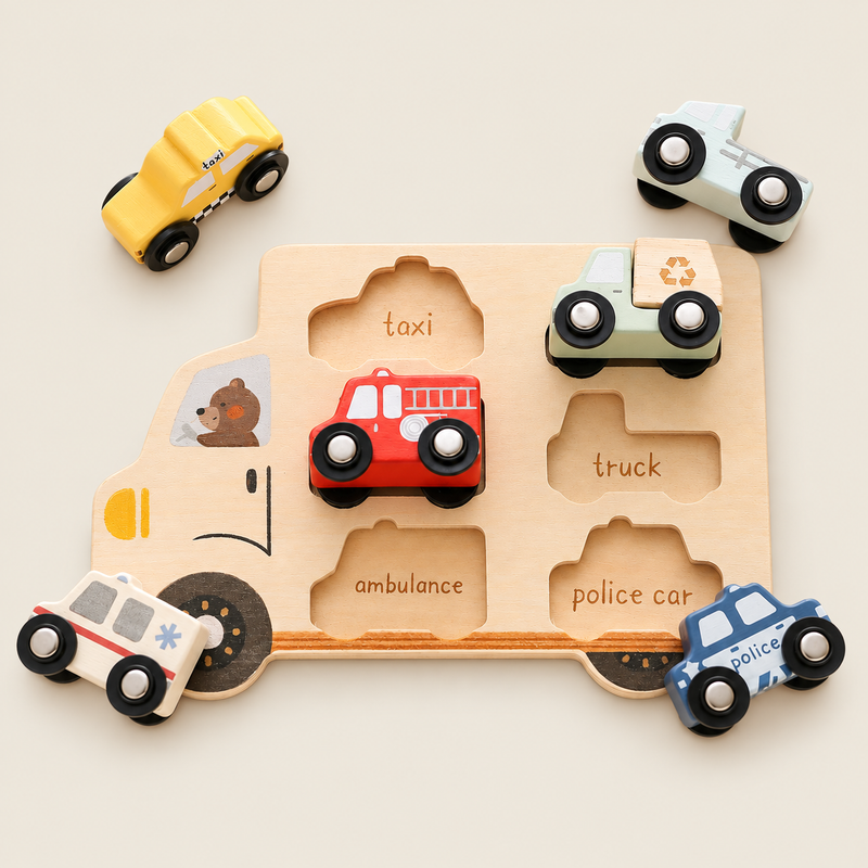 Wooden rolling car matching puzzle on warm ivory background