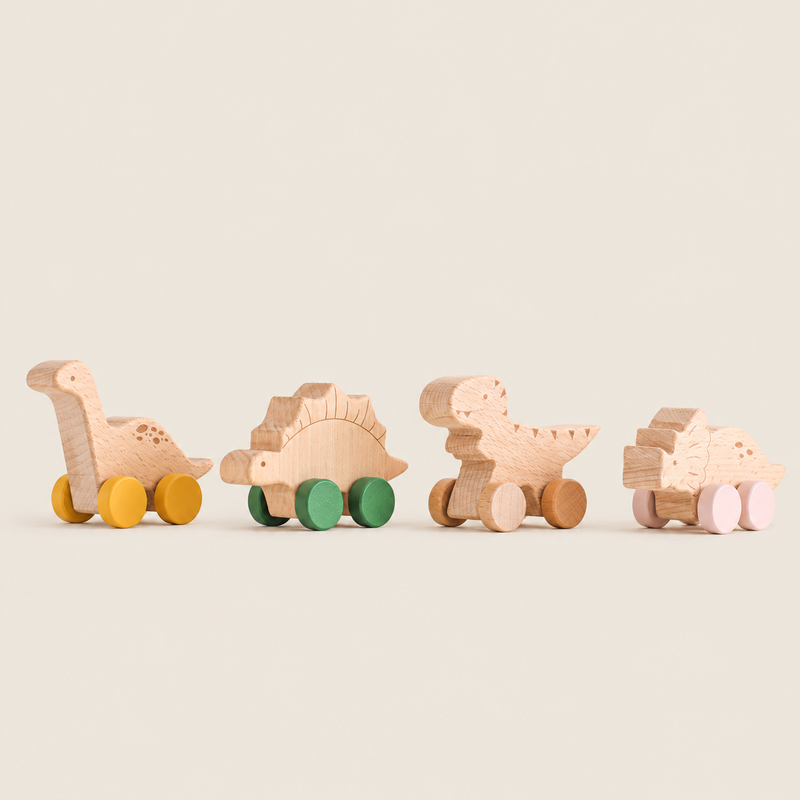 Wooden Rolling Dinosaur Car on warm neutral background