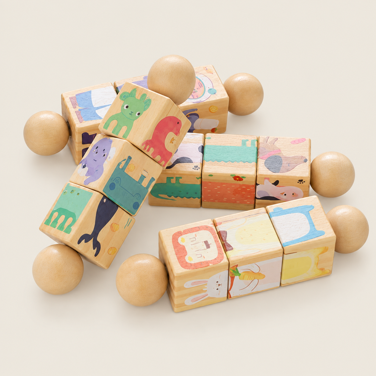 Wooden Rotating Animal Matching Puzzle on warm neutral background
