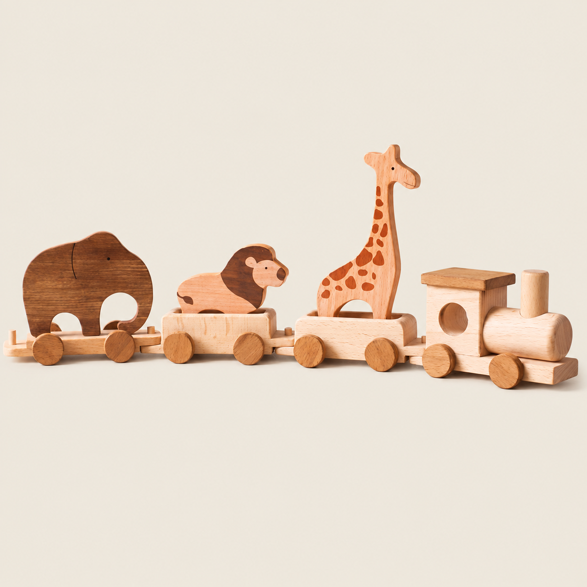 Wooden Safari Animal Train Set on warm neutral background