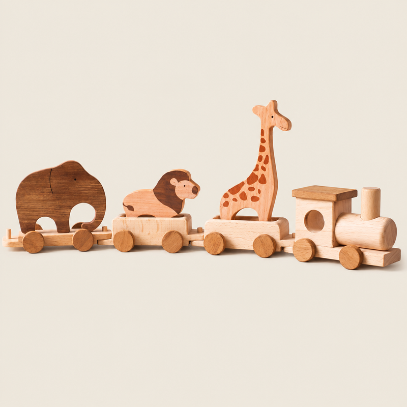 Wooden Safari Animal Train Set on warm neutral background
