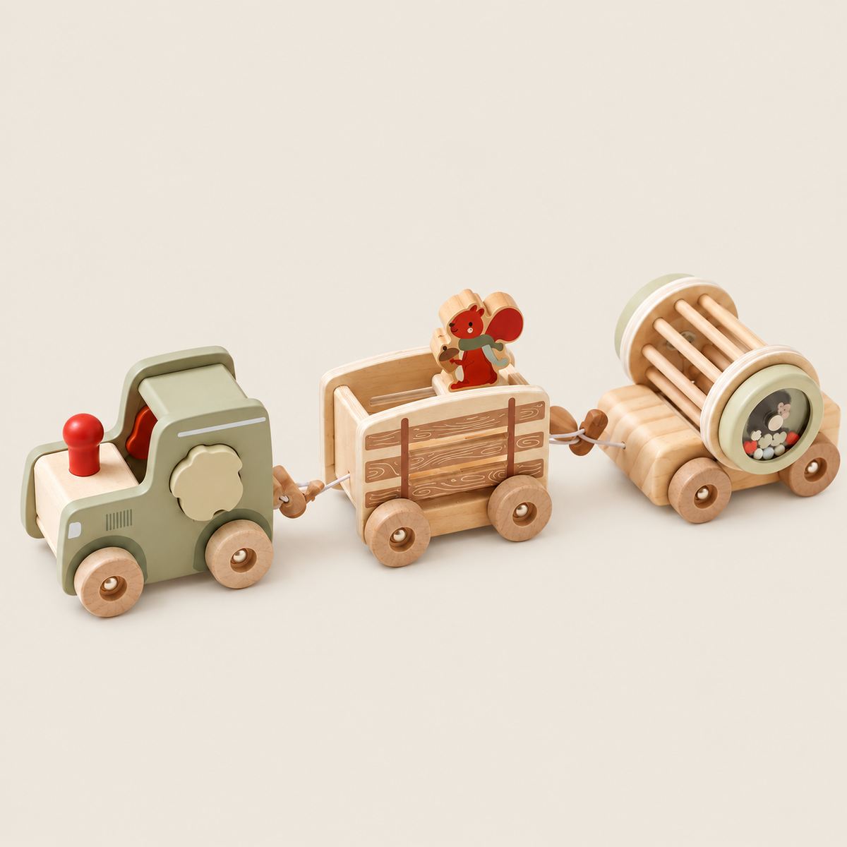 Wooden Shape-Sorting Activity Train Set on warm neutral background