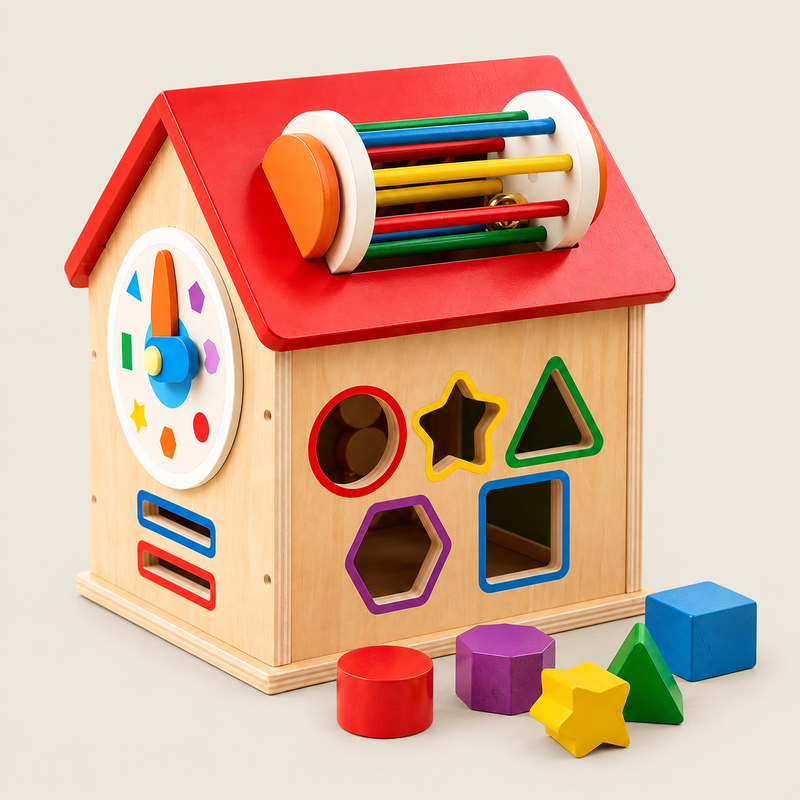 Wooden Shape-Sorting Puzzle House on warm neutral background