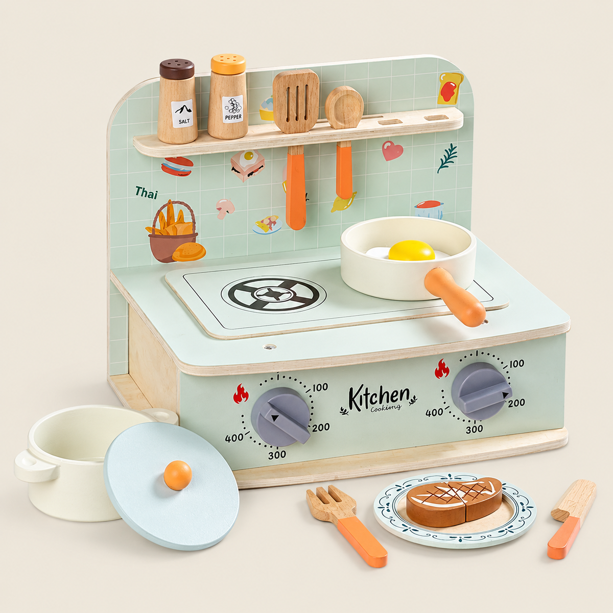Wooden Tabletop Kitchen Playset on warm ivory background