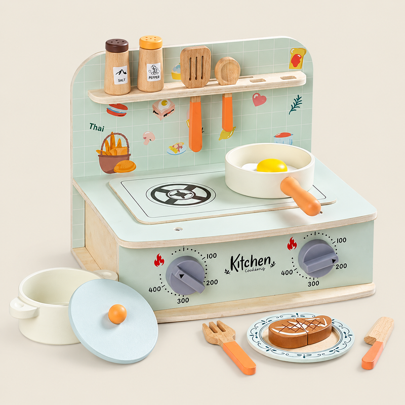 Wooden Tabletop Kitchen Playset on warm ivory background