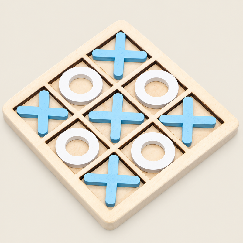 Wooden Tic-Tac-Toe Game on warm ivory background