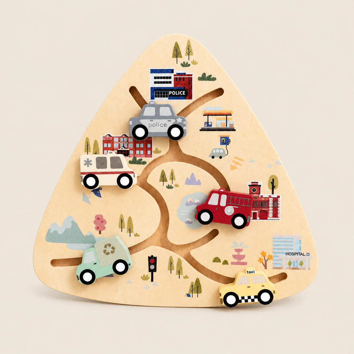 Wooden Car Sliding Track on warm neutral background
